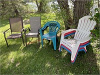 3 brown metal patio chairs & red/white/blue
