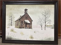 Church winterscape canvas painting, signed