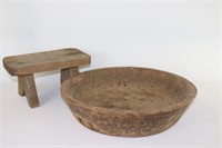 Old Large Wooden Bowl & Small Stool