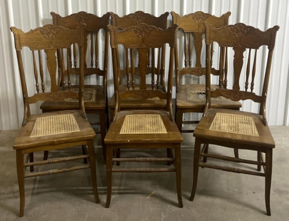 (6) Antique Oak Carved Cane Bottom Dining Chairs