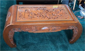 Vintage Asian Walnut Carved Table w/Glass Cover
