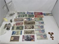 Assortment of foreign currency bills, and coins