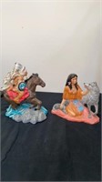 2 Native American statues horse has chip