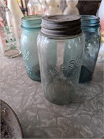 3 early blue green canning jars