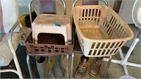 Foot stool, clothes basket, boots size 12, chairs