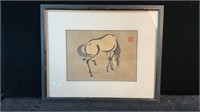 Japanese Antique Woodblock Print of Horse, Singed