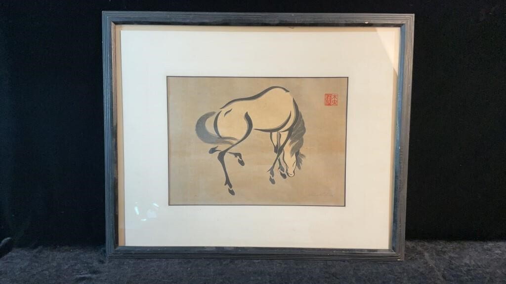 Japanese Antique Woodblock Print of Horse, SIgned