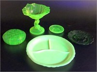 Vaseline Glass Koi Compote, Flower Frog & More