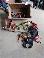 WOOD BOX , RACHET STRAPS, ALLEN WRENCHES, MORE