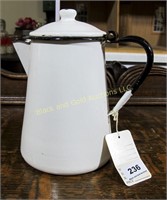 White/black trim graniteware coffee pot