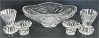 CRYSTAL OVAL CANDY DISH & 4 CANDLE HOLDERS