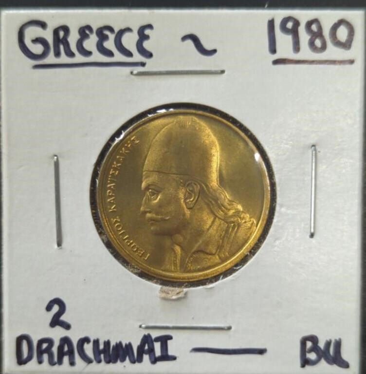 Uncirculated 1980 Greek coin 2 drachma