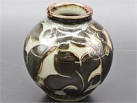 Round Pottery Vase w/ French Brown Leaf