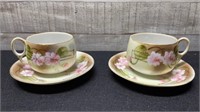 2 Vintage Nippon Cups & Saucers Pink Flowers & Gol