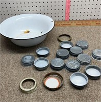 Canning lids and enamel wash basin