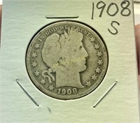 1908 S SILVER BARBER HALF DOLLAR