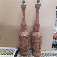MCM Pair  wood carved lamps, 30"h 6"w each,