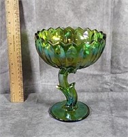 GREEN CARNIVAL GLASS ROUND PEDESTAL LOTUS BOWL