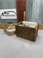 WOOD BOX, OLD SILVERWARE, SILVER TEA KETTLE