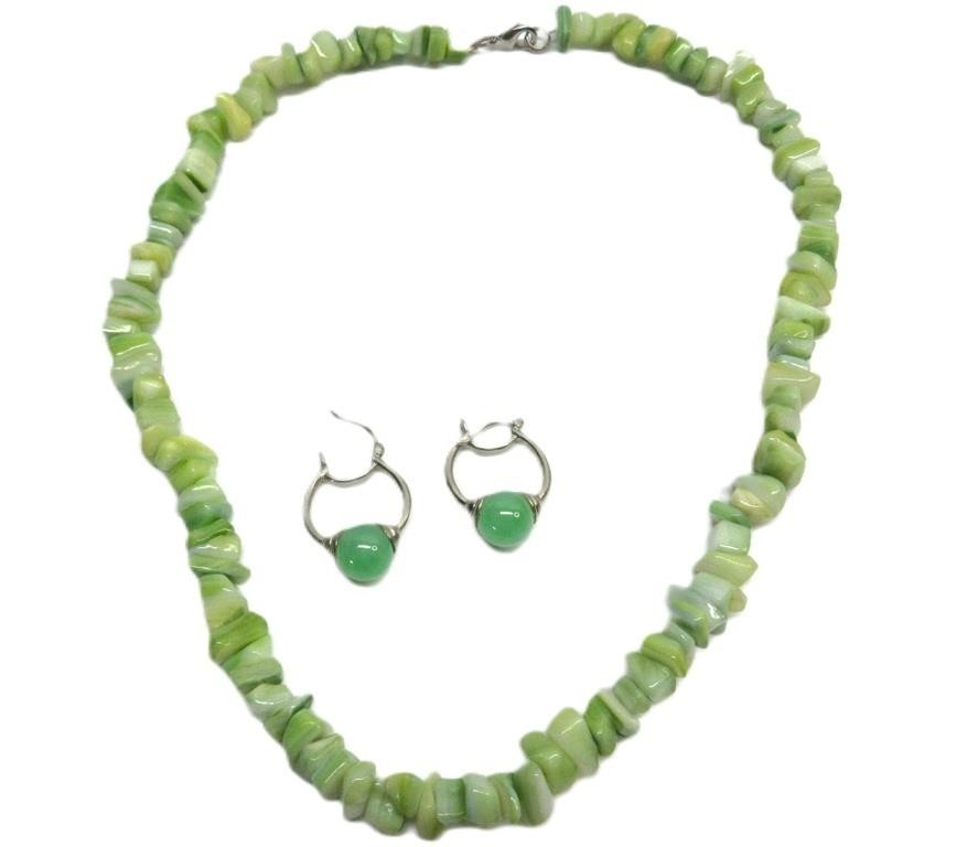 Green Stone Necklace W/ Sterling Earrings