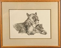 Framed LE Lithograph Print Lioness And Cubs