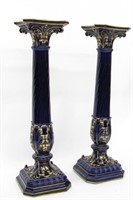 Pair of Sarreguemines Porcelain Cobalt Pedestals