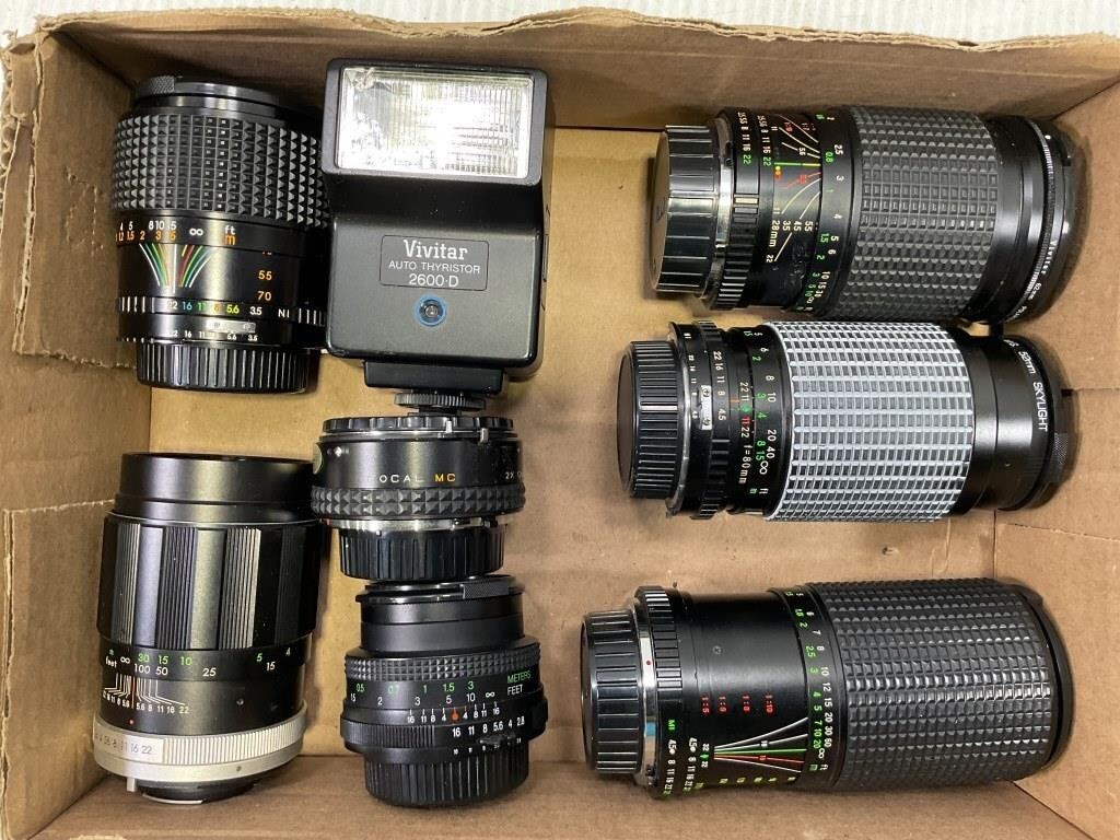 LARGE LOT OF CAMERA LENSES & FLASH - VIVITAR,