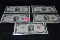 (5) Red Seal $2 Bills