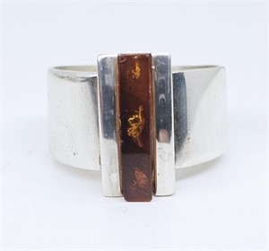 Polish Modernist Sterling Silver Amber Ring