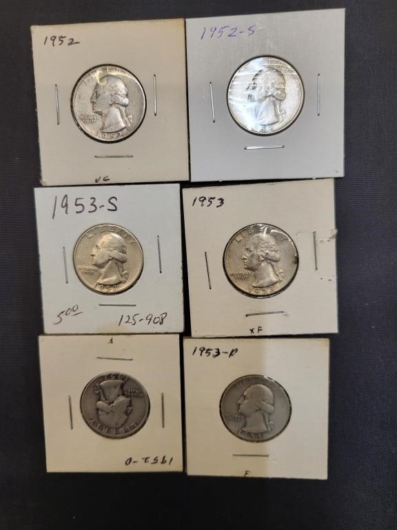Six 1950s Silver Washington Quarters