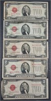 Lot of 5  1928  $2 Legal Tender Red Seals