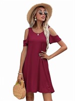 P3563  Medium Red Cold Shoulder Flared Tunic -