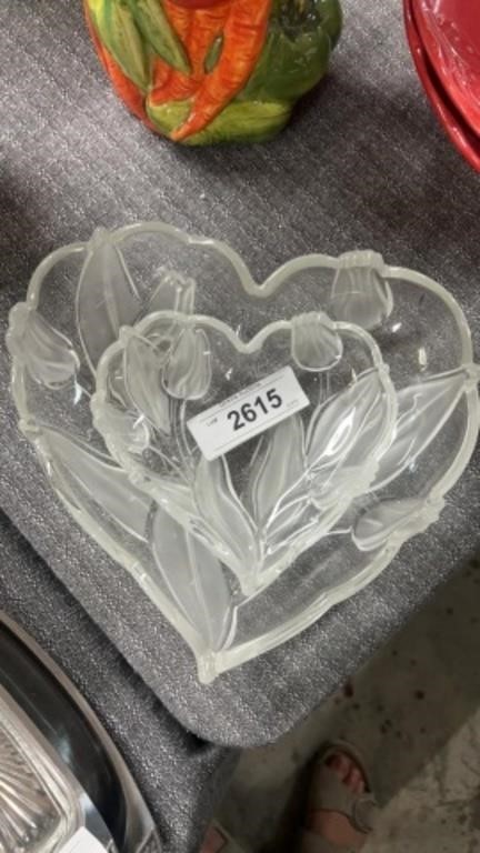 Two heart shaped  pressed glass dishes