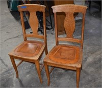 Two Vintage Wood Chairs with Leather Tooled Seats