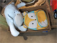 fox toddler backpack, stuffed elephant