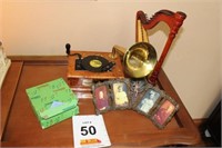 Miniature Victrola Music Box, Miniature Harp, &