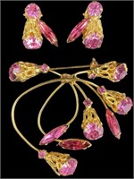 Vtg Goldtone Brooch & Earrings w Pink Stones