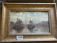 Framed Oil Painting of Boats on Lake, on canvas