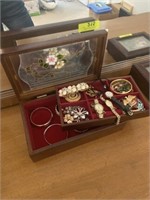 Wooden Jewelry Box w/ Bracelets & Brooches