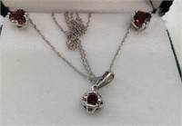 White Gold Necklace & Earring Set w/ Ruby Setting