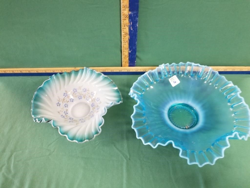 2 GLASS BLUE BRIDES BASKET INSERTS