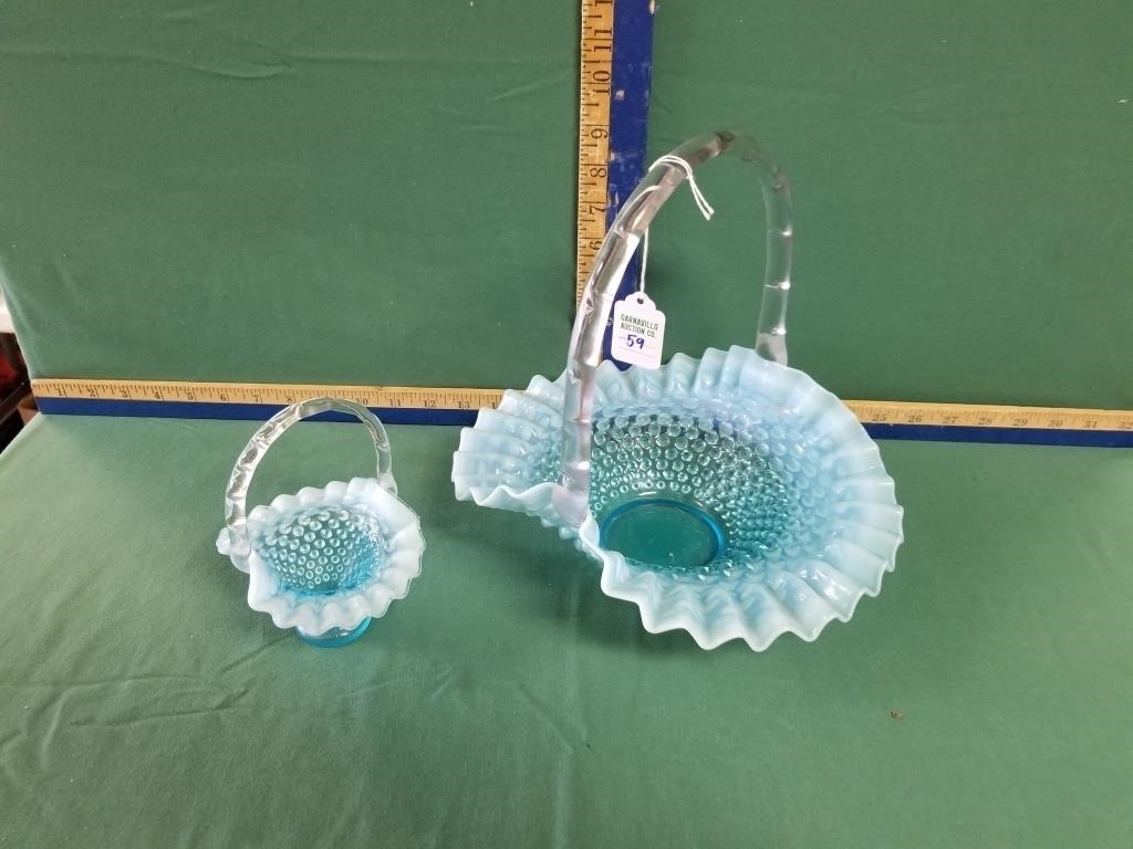 2 BLUE OPALESCENT HOBNAIL BASKETS