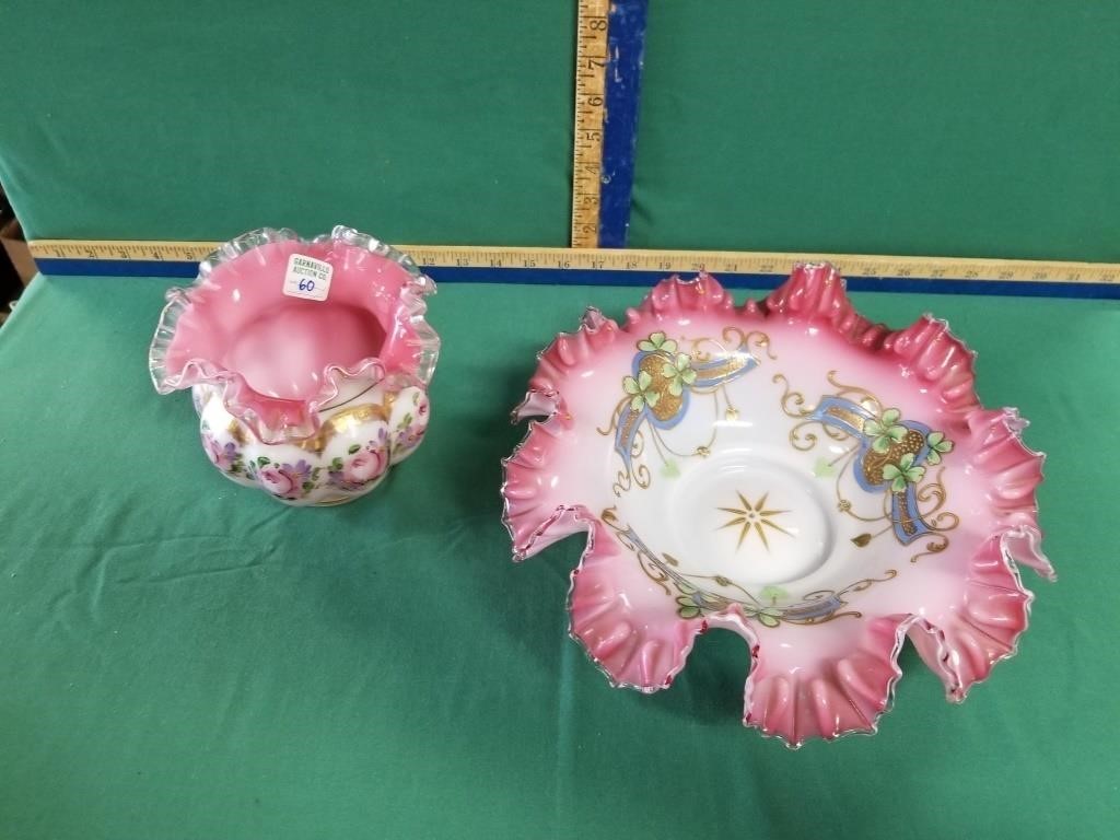 CRANBERRY BASKET INSERT AND CASED GLASS ROSE BOWL