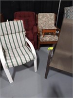 MAROON RECLINER, (2) PATIO CHAIRS, FLORAL CHAIR