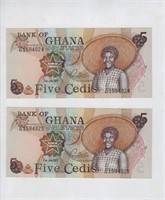 Ghana 5 Cedis 1977 REPLACEMENT UNC x2 Consec..RG2