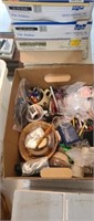 Box of miscellaneous desk related items and more