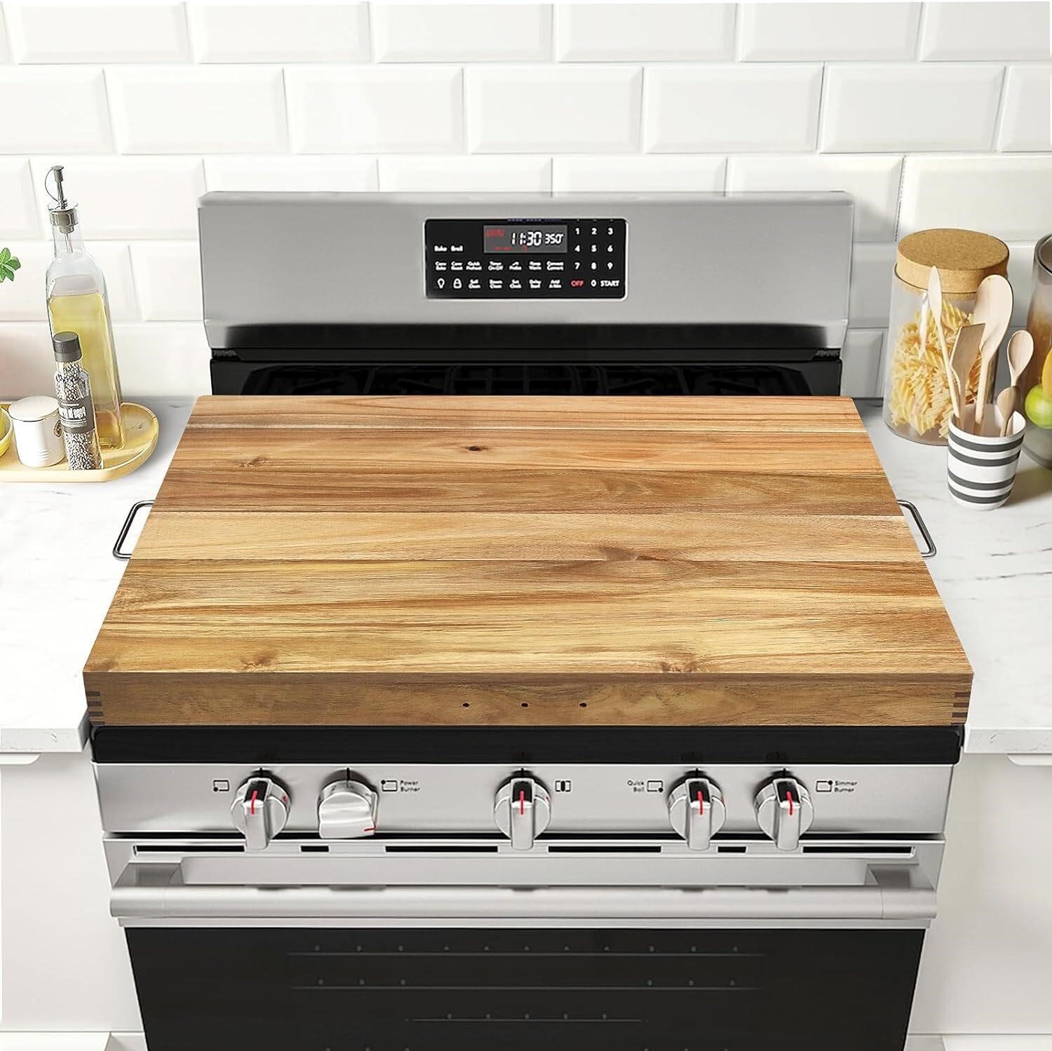 Gas Stove Cover with Handles  Acacia Wood