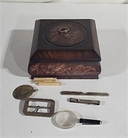 Wood box, belt buckle and misc.