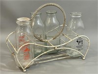 Lot: Vintage Milk Bottles w/ Wire Carry Rack
