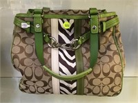 COACH BROWN/GREEN ZEBRA STRIPE SATCHEL - SERIAL #E